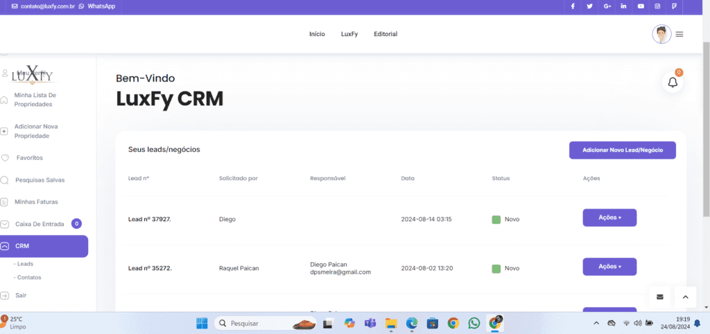 tela do CRM da LuxFy